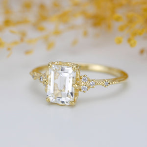 Diamond and white topaz engagement ring, cluster ring emerald cut  | R 348WT