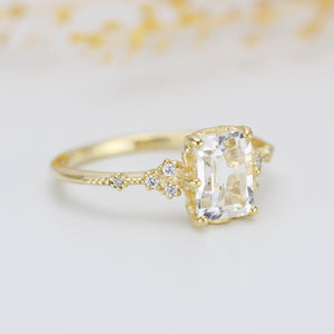 Diamond and white topaz engagement ring, cluster ring emerald cut  | R 348WT