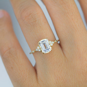 Diamond and white topaz engagement ring, cluster ring emerald cut  | R 348WT