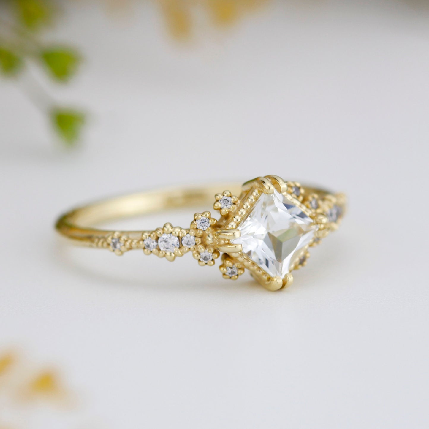 Engagement ring white topaz and diamond, cluster ring princess cut, simple cluster ring, unique delicate ring | R 339WT