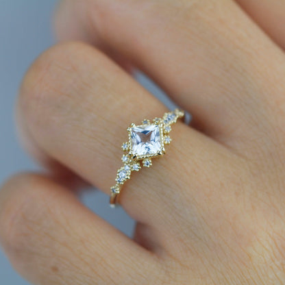 Engagement ring white topaz and diamond, cluster ring princess cut, simple cluster ring, unique delicate ring | R 339WT