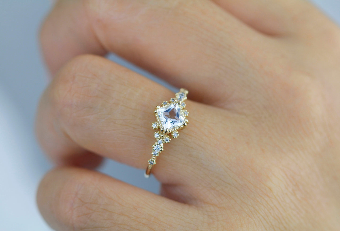 Engagement ring white topaz and diamond, cluster ring princess cut, simple cluster ring, unique delicate ring | R 339WT