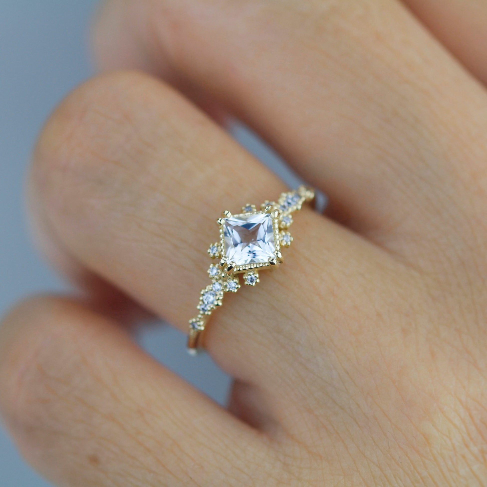 Engagement ring white topaz and diamond, cluster ring princess cut, simple cluster ring, unique delicate ring | R 339WT