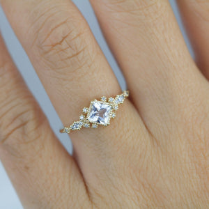Engagement ring white topaz and diamond, cluster ring princess cut, simple cluster ring, unique delicate ring | R 339WT