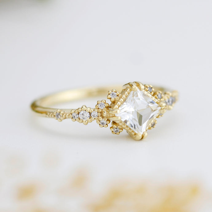Engagement ring white topaz and diamond, cluster ring princess cut, simple cluster ring, unique delicate ring | R 339WT