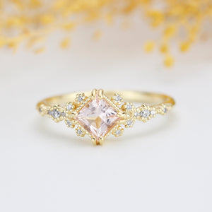 Engagement ring morganite and diamond, simple diamond ring, cluster morganite, unique simple ring | R339MO