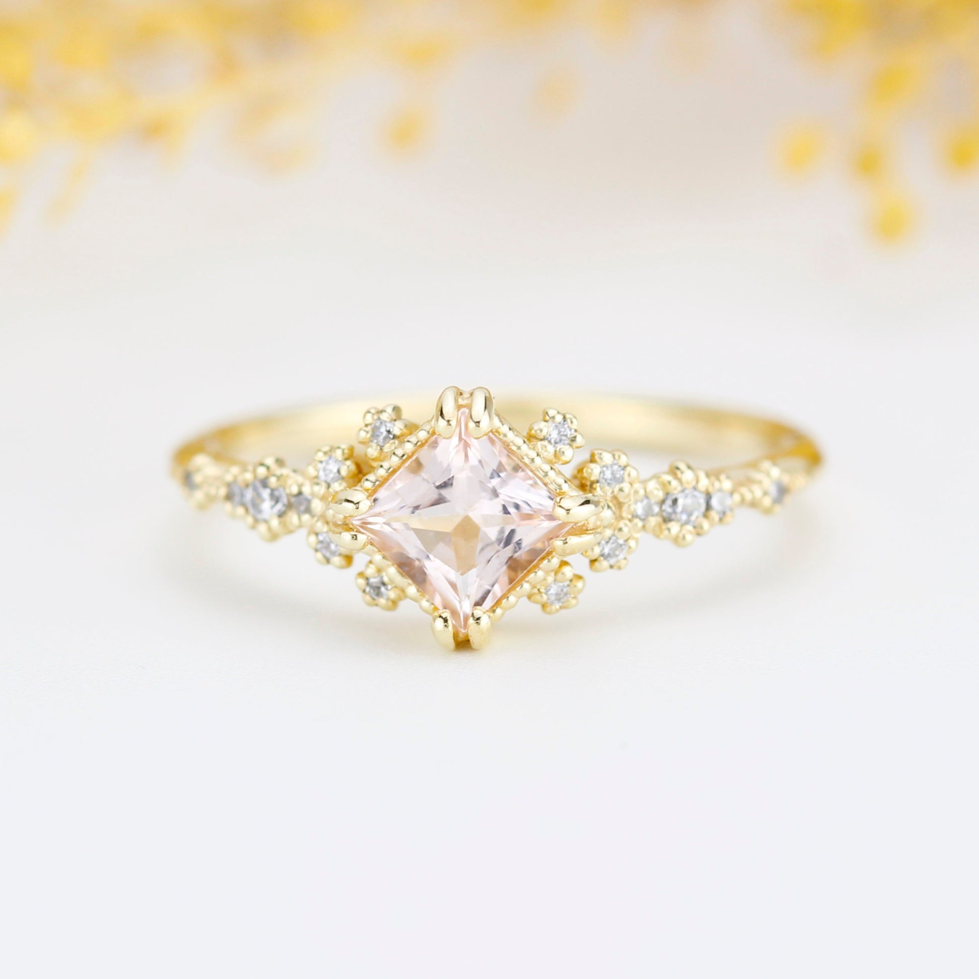 Engagement ring morganite and diamond, simple diamond ring, cluster morganite, unique simple ring | R339MO