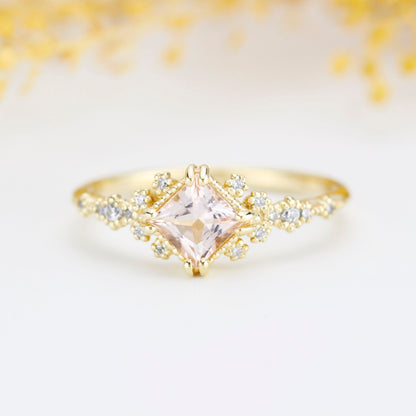 Engagement ring morganite and diamond, simple diamond ring, cluster morganite, unique simple ring | R339MO