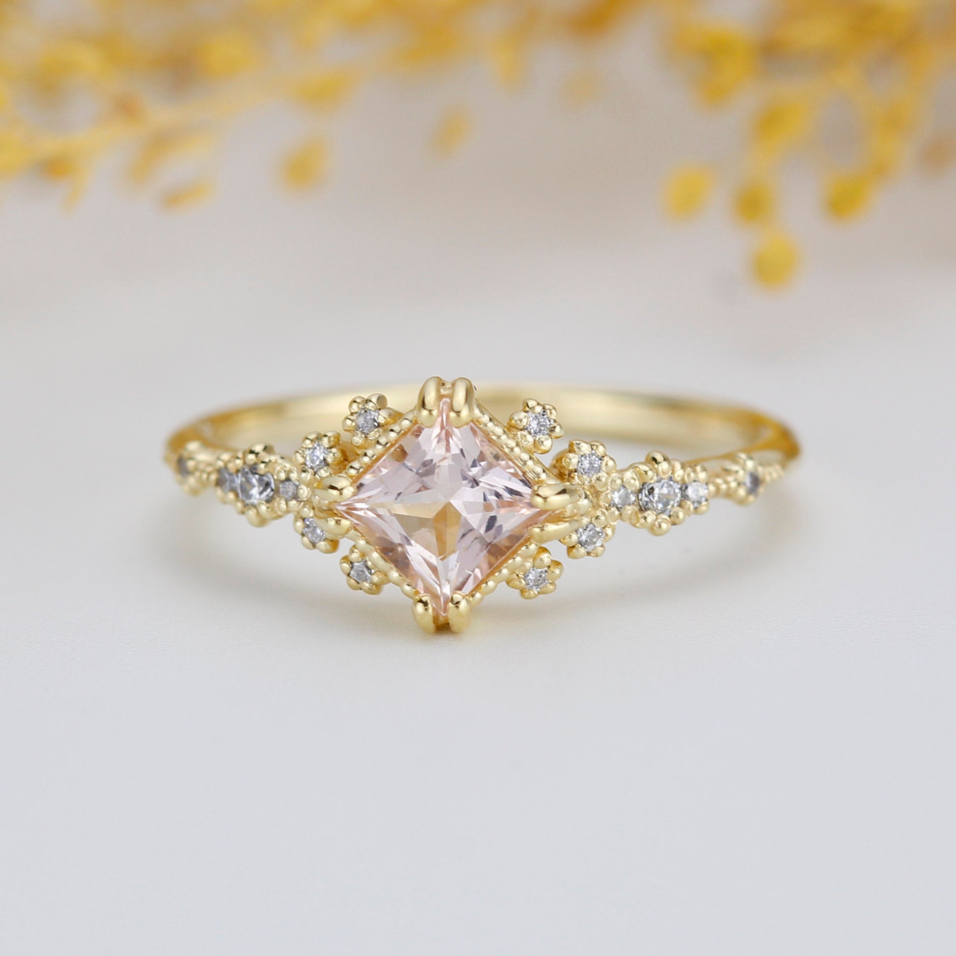 Engagement ring morganite and diamond, simple diamond ring, cluster morganite, unique simple ring | R339MO
