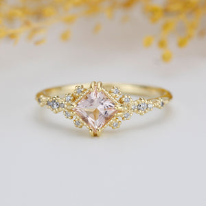 Engagement ring morganite and diamond, simple diamond ring, cluster morganite, unique simple ring | R339MO