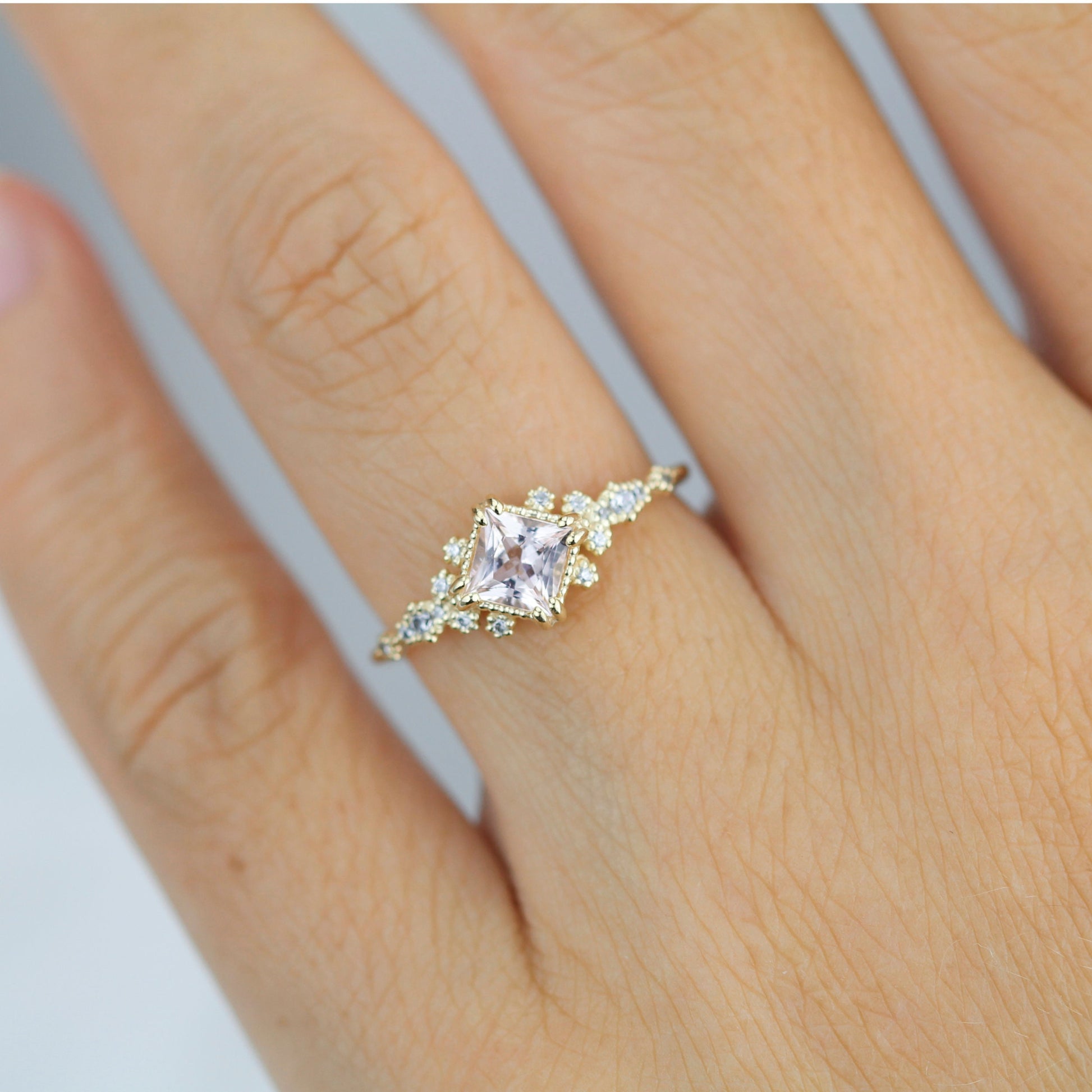 Engagement ring morganite and diamond, simple diamond ring, cluster morganite, unique simple ring | R339MO