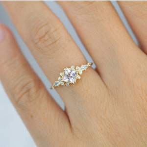 Engagement ring morganite and diamond, simple diamond ring, cluster morganite, unique simple ring | R339MO