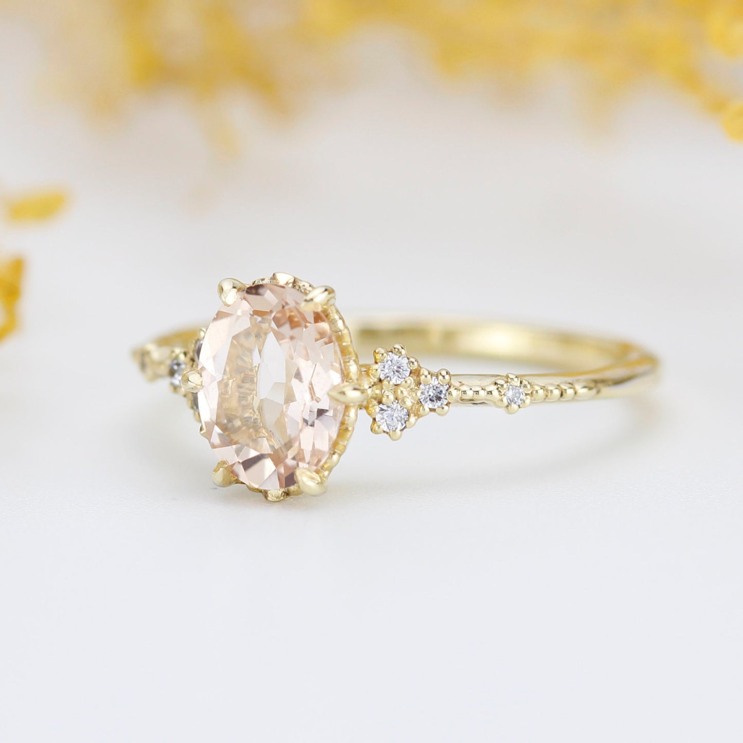 Oval morganite and diamond engagement ring, peach morganite ring, champagne morganite | R349MOR