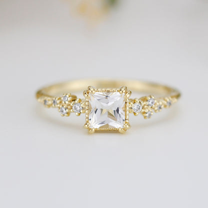 Engagement ring white topaz and diamond, simple cluster ring, cluster ring princess cut, unique delicate ring | R 340WT