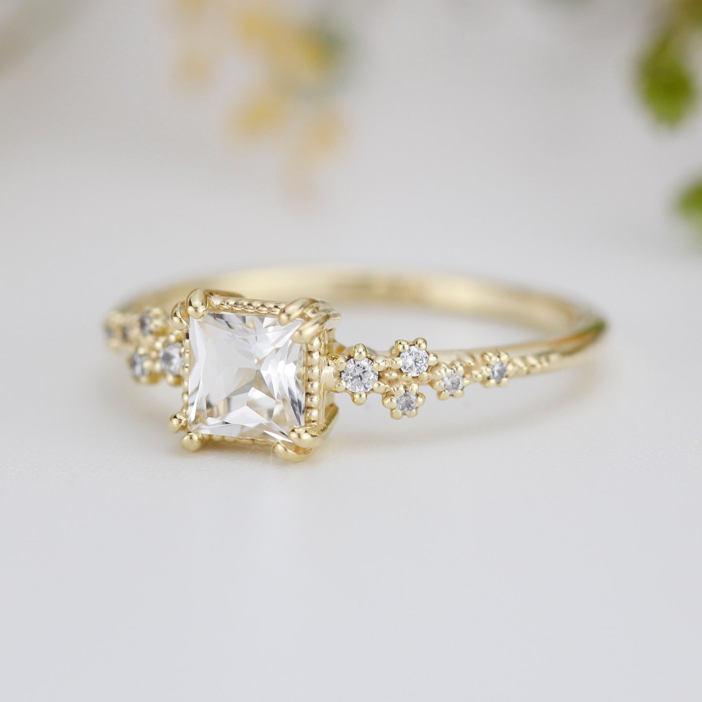 Engagement ring white topaz and diamond, simple cluster ring, cluster ring princess cut, unique delicate ring | R 340WT