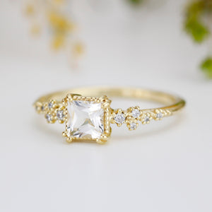 Engagement ring white topaz and diamond, simple cluster ring, cluster ring princess cut, unique delicate ring | R 340WT