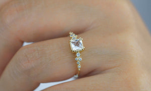 Engagement ring white topaz and diamond, simple cluster ring, cluster ring princess cut, unique delicate ring | R 340WT
