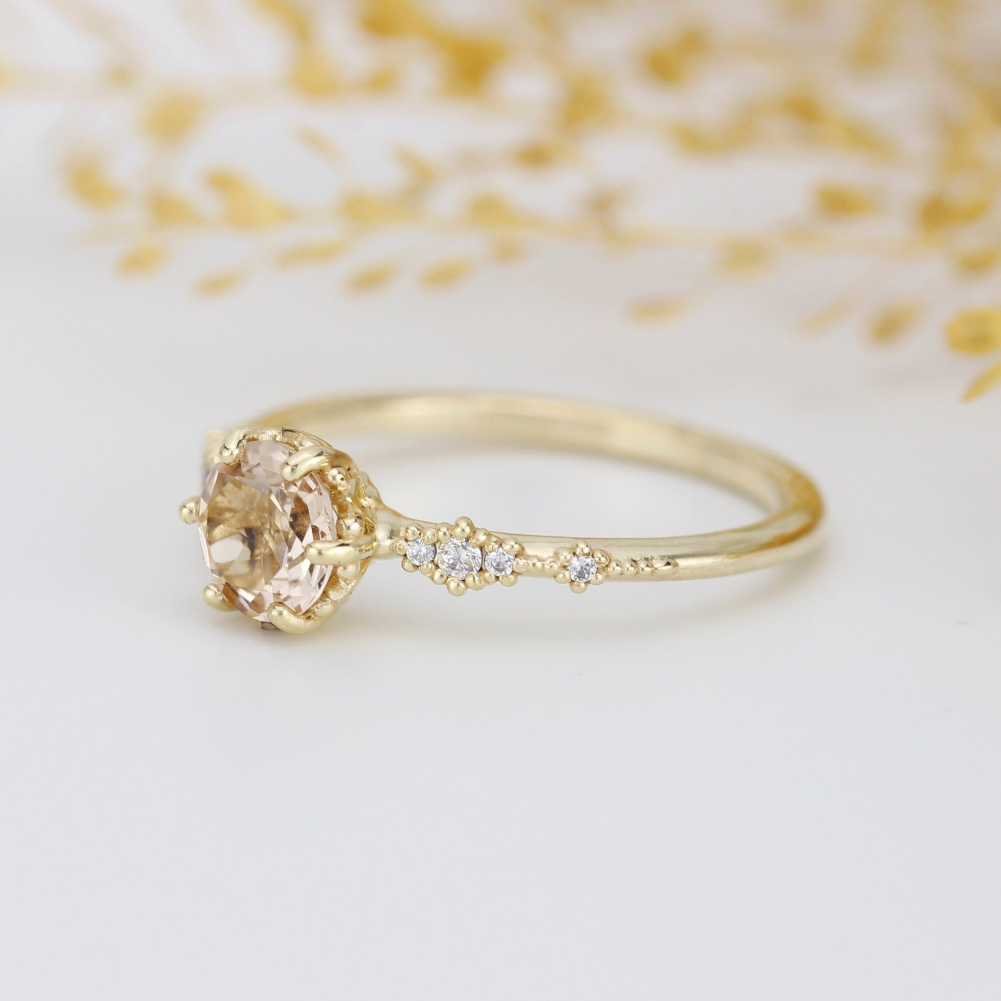 Engagement ring morganite and diamond, peach morganite ring, simple cluster ring, champagne morganite | R 355MORGANITE