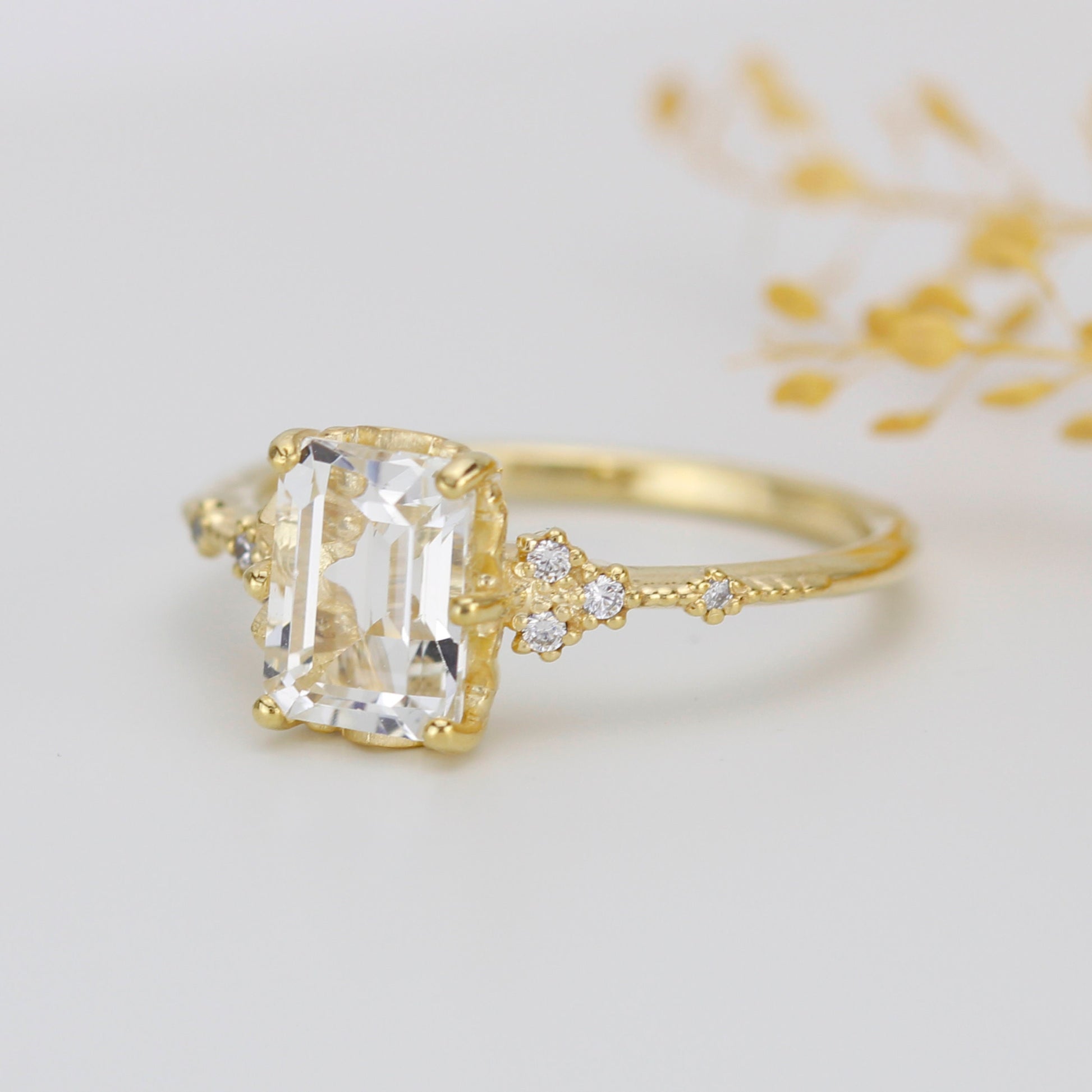 Diamond and white topaz engagement ring, cluster ring emerald cut  | R 348WT
