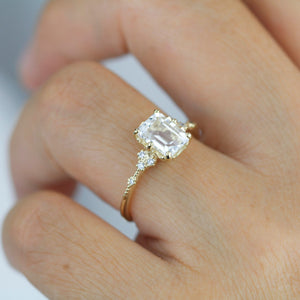 Diamond and white topaz engagement ring, cluster ring emerald cut  | R 348WT