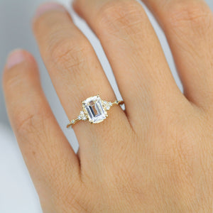 Diamond and white topaz engagement ring, cluster ring emerald cut  | R 348WT