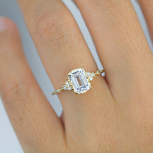 Load image into Gallery viewer, Diamond and white topaz engagement ring, cluster ring emerald cut  | R 348WT