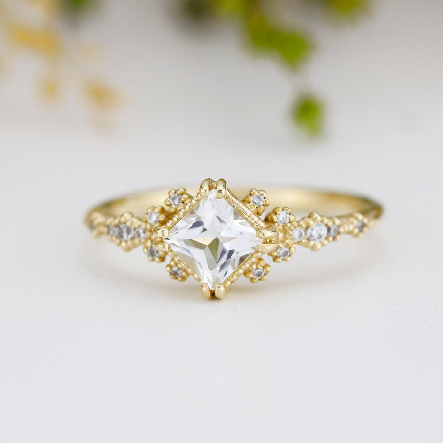 Engagement ring white topaz and diamond, cluster ring princess cut, simple cluster ring, unique delicate ring | R 339WT