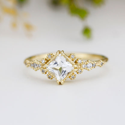 Engagement ring white topaz and diamond, cluster ring princess cut, simple cluster ring, unique delicate ring | R 339WT