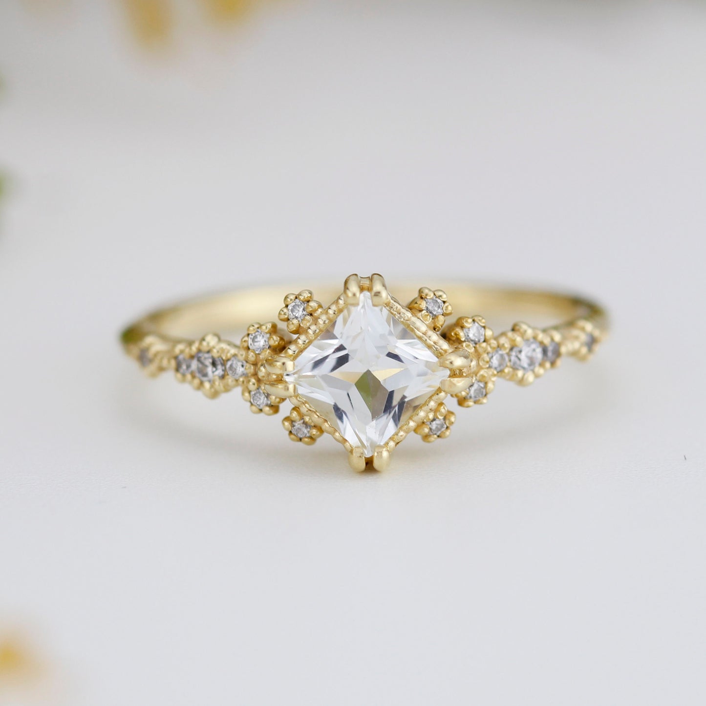 Engagement ring white topaz and diamond, cluster ring princess cut, simple cluster ring, unique delicate ring | R 339WT