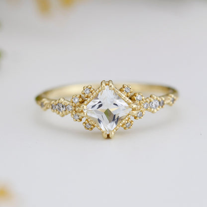 Engagement ring white topaz and diamond, cluster ring princess cut, simple cluster ring, unique delicate ring | R 339WT