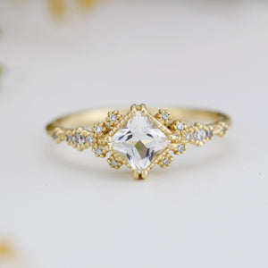 Engagement ring white topaz and diamond, cluster ring princess cut, simple cluster ring, unique delicate ring | R 339WT