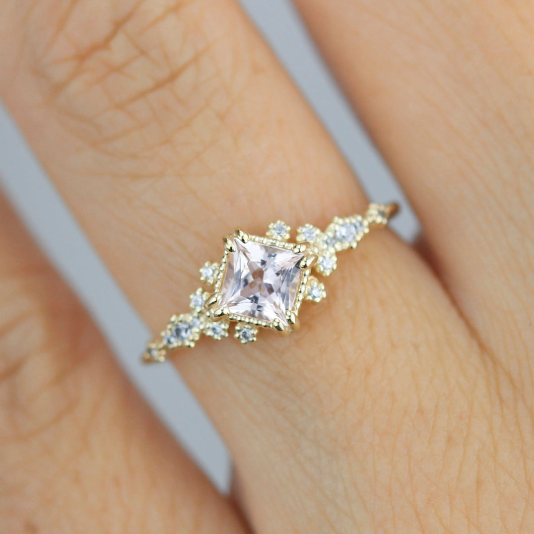 Engagement ring morganite and diamond, simple diamond ring, cluster morganite, unique simple ring | R339MO