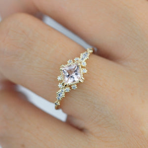 Engagement ring morganite and diamond, simple diamond ring, cluster morganite, unique simple ring | R339MO