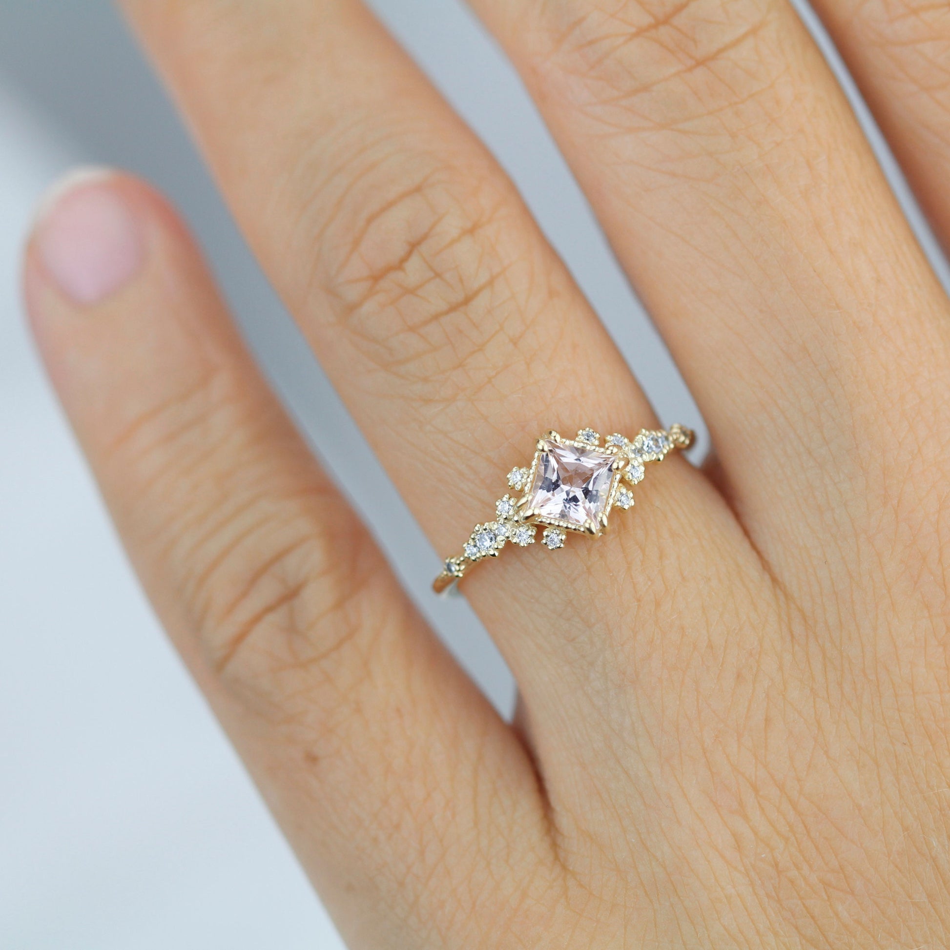 Engagement ring morganite and diamond, simple diamond ring, cluster morganite, unique simple ring | R339MO