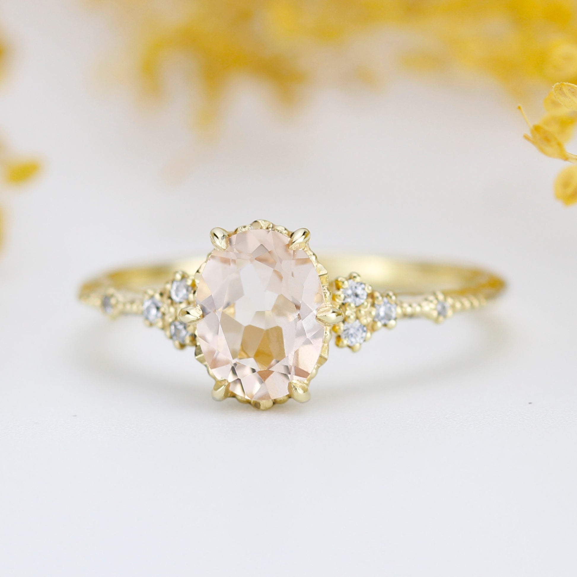 Oval morganite and diamond engagement ring, peach morganite ring, champagne morganite | R349MOR