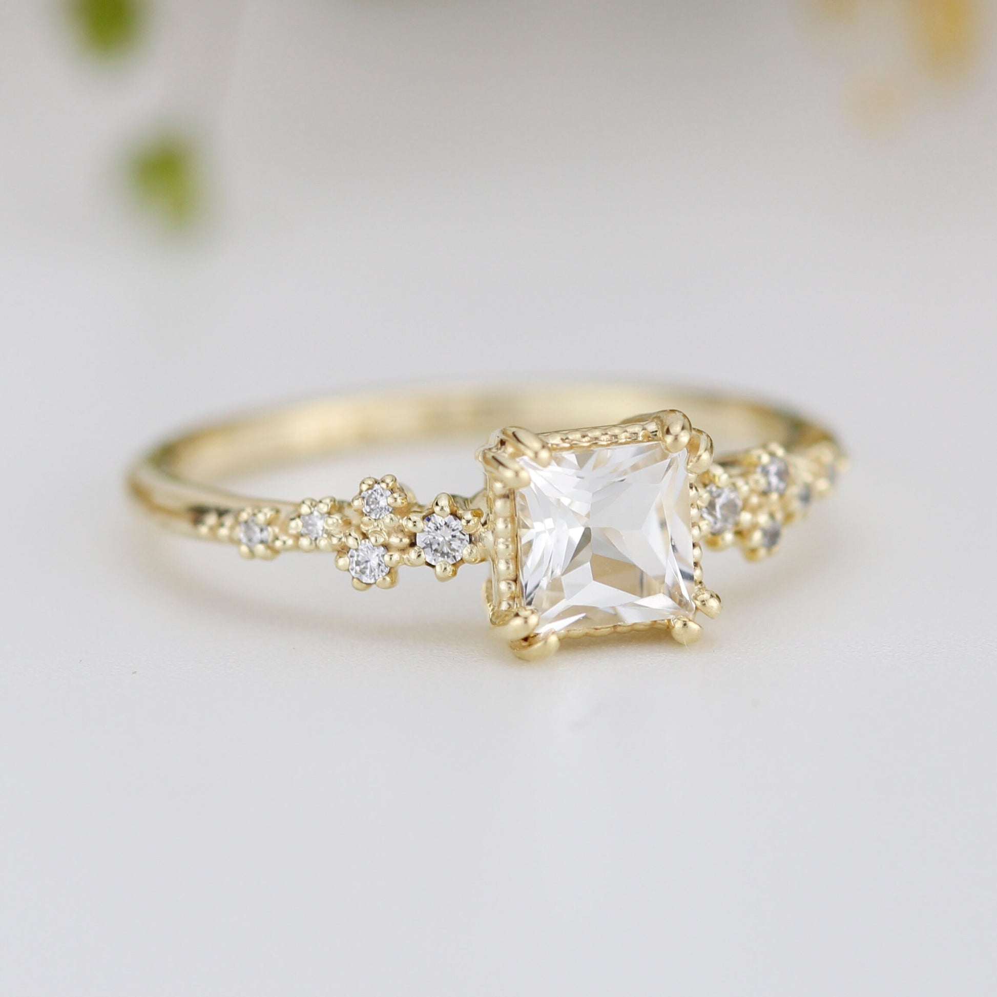 Engagement ring white topaz and diamond, simple cluster ring, cluster ring princess cut, unique delicate ring | R 340WT