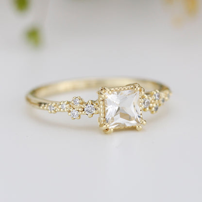 Engagement ring white topaz and diamond, simple cluster ring, cluster ring princess cut, unique delicate ring | R 340WT