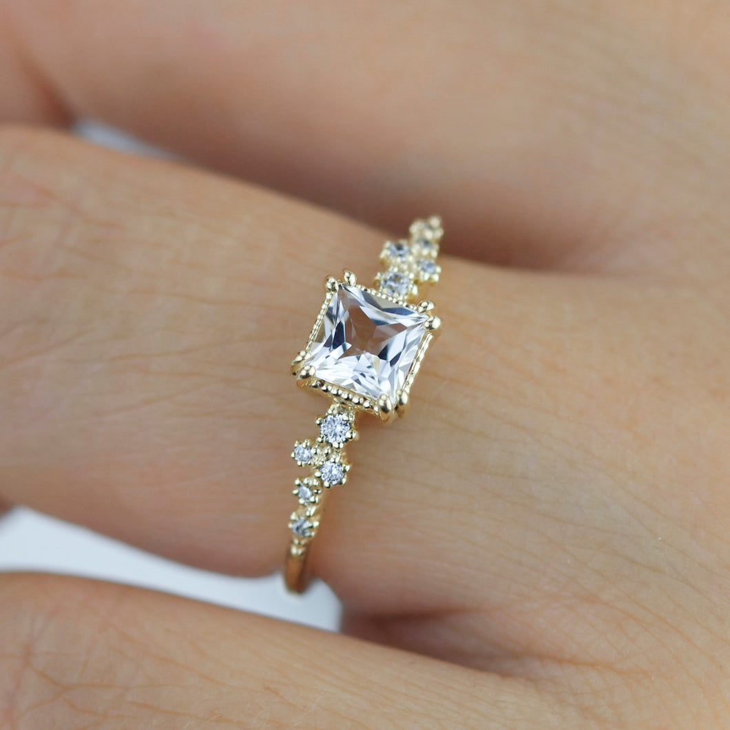 Engagement ring white topaz and diamond, simple cluster ring, cluster ring princess cut, unique delicate ring | R 340WT