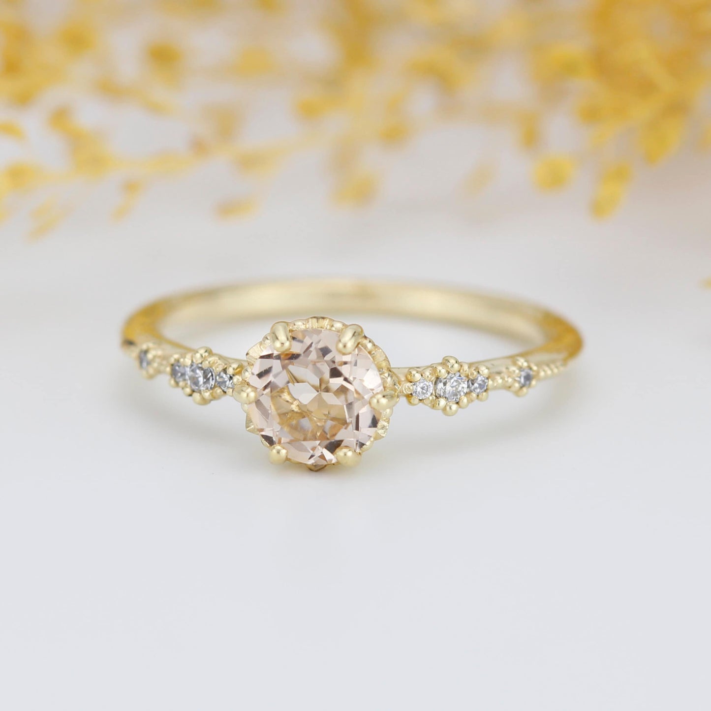Engagement ring morganite and diamond, peach morganite ring, simple cluster ring, champagne morganite | R 355MORGANITE