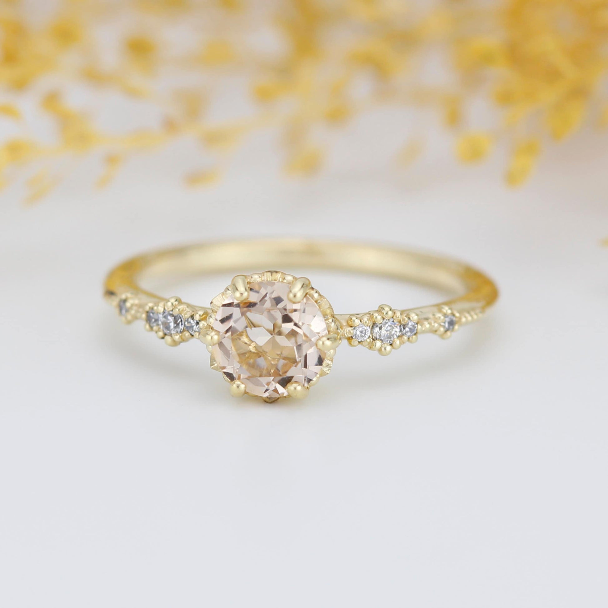 Engagement ring morganite and diamond, peach morganite ring, simple cluster ring, champagne morganite | R 355MORGANITE