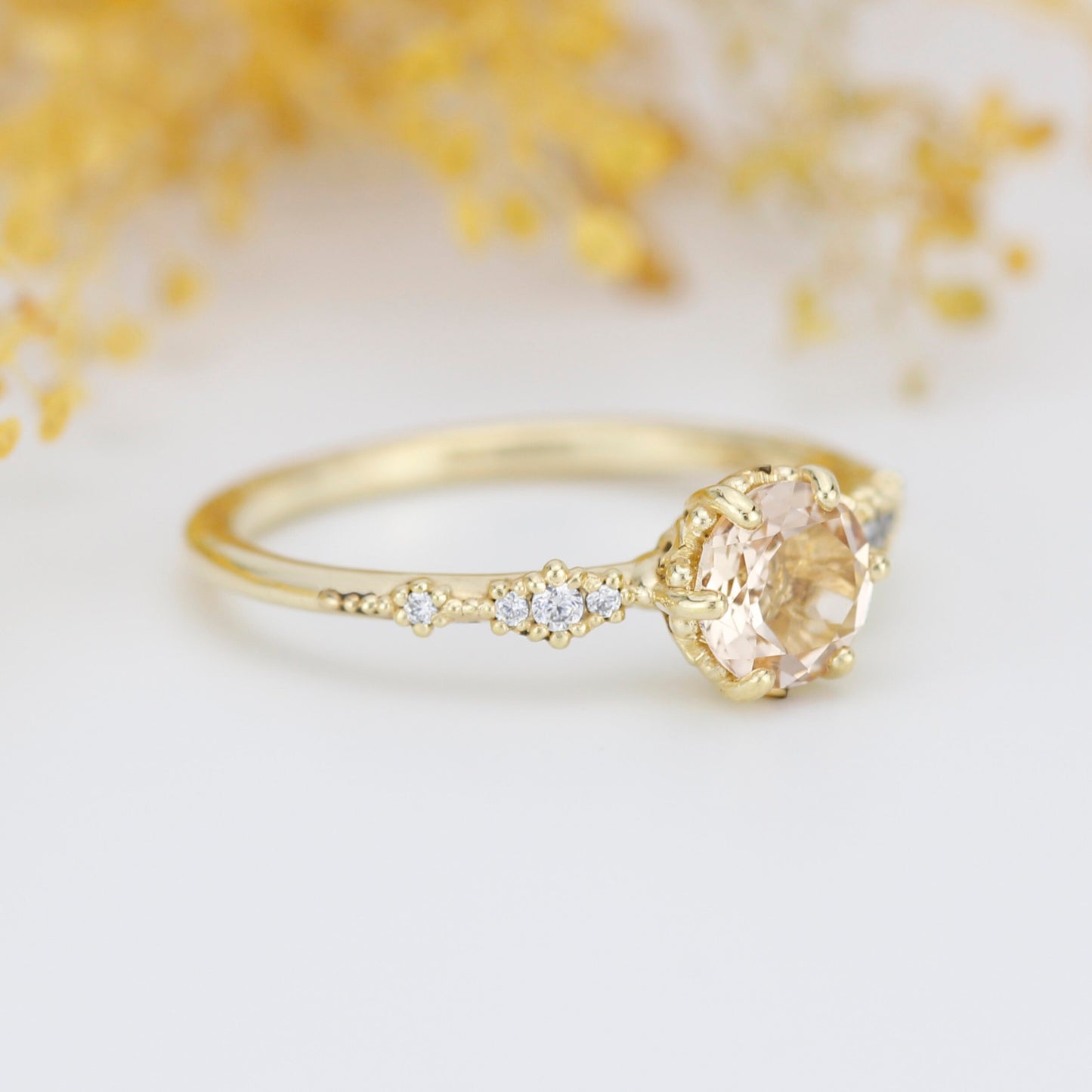 Engagement ring morganite and diamond, peach morganite ring, simple cluster ring, champagne morganite | R 355MORGANITE