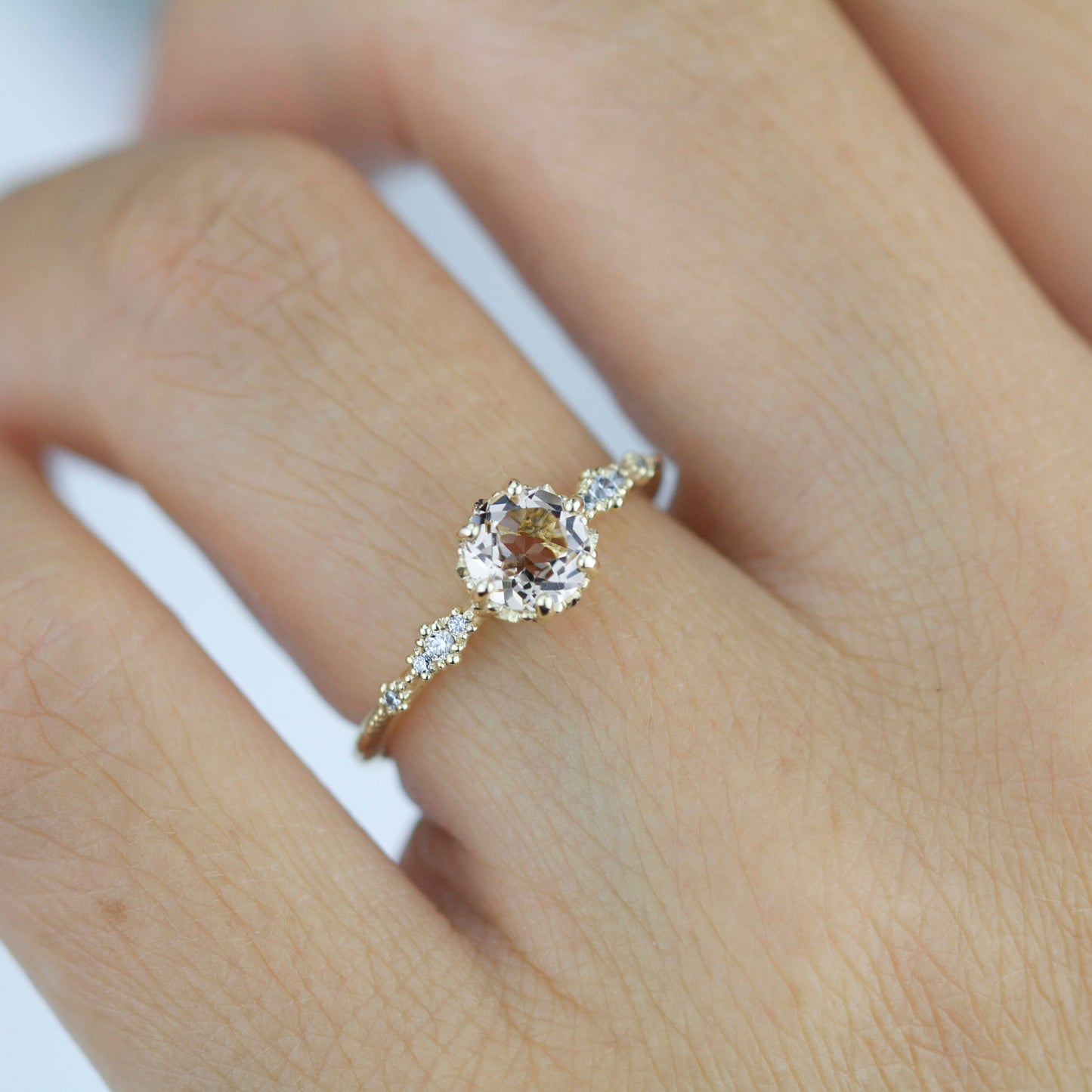 Engagement ring morganite and diamond, peach morganite ring, simple cluster ring, champagne morganite | R 355MORGANITE