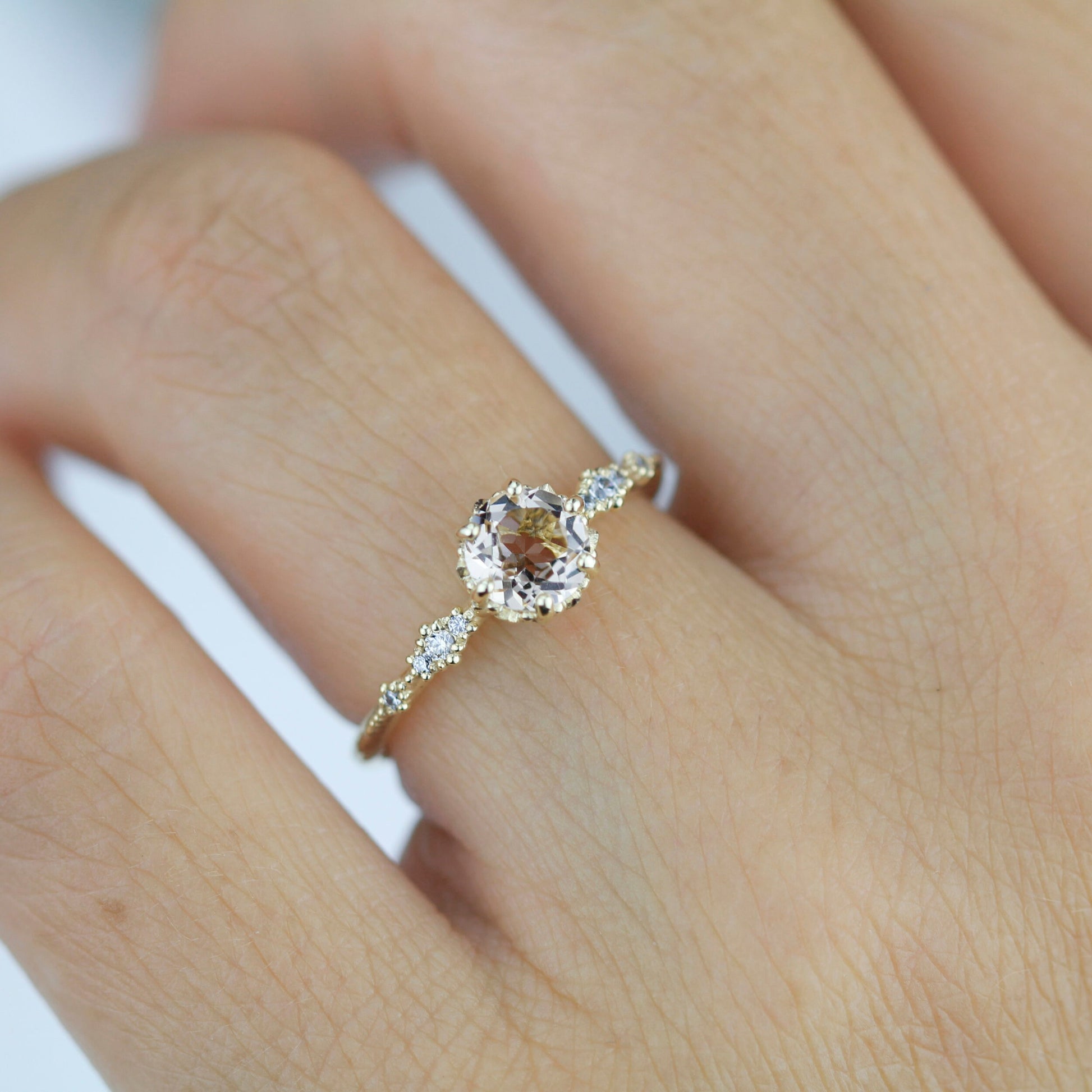 Engagement ring morganite and diamond, peach morganite ring, simple cluster ring, champagne morganite | R 355MORGANITE