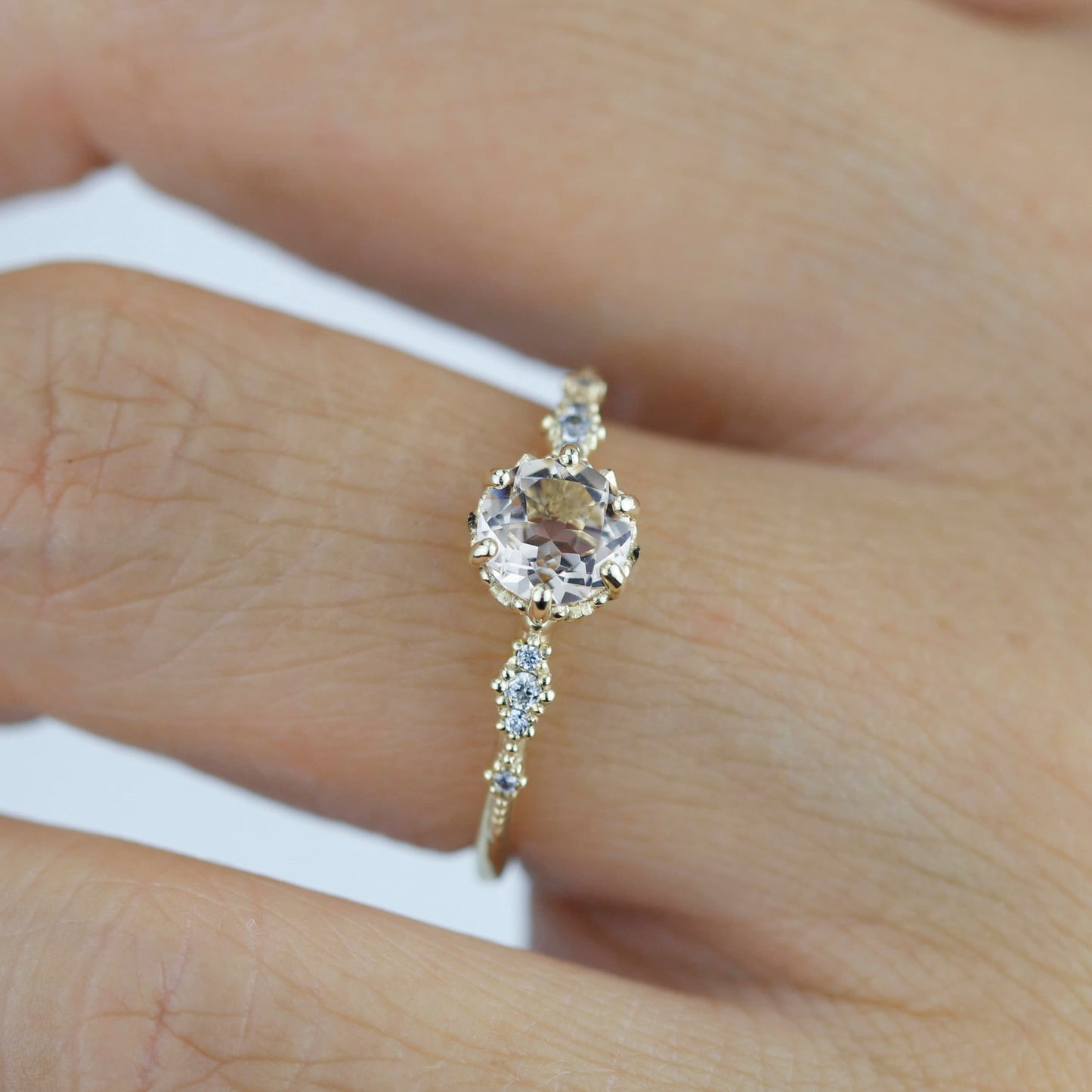 Engagement ring morganite and diamond, peach morganite ring, simple cluster ring, champagne morganite | R 355MORGANITE