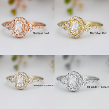 Oval engagement ring, unique ring white topaz and diamonds, diamond halo ring, cluster ring, leaf ring | R352WT