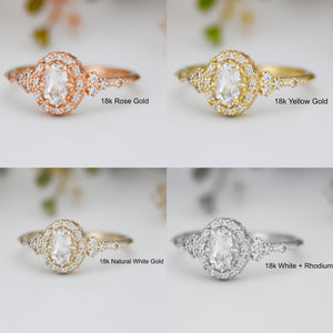 Oval engagement ring, unique ring white topaz and diamonds, diamond halo ring, cluster ring, leaf ring | R352WT