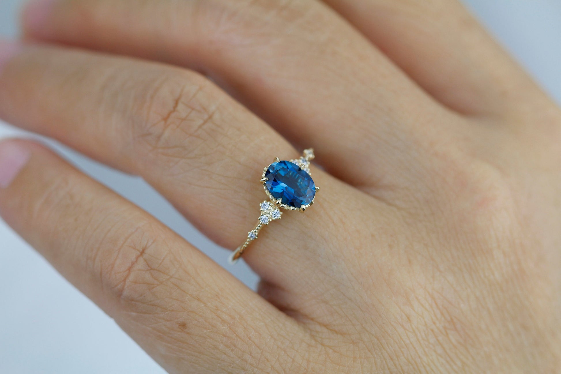 Oval engagement ring, delicate London Blue topaz and diamond ring | R 349LBT