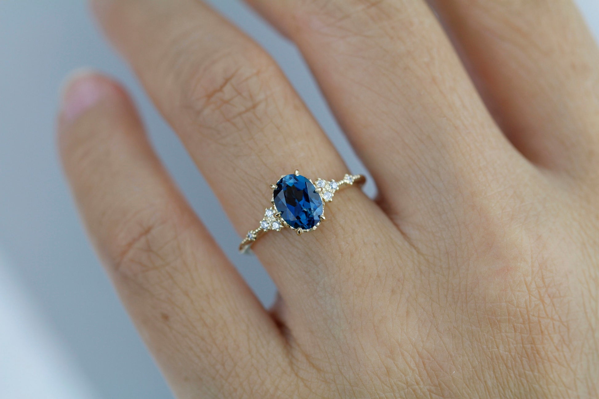 Oval engagement ring, delicate London Blue topaz and diamond ring | R 349LBT