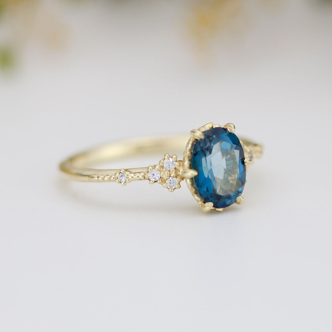 Oval engagement ring, delicate London Blue topaz and diamond ring | R 349LBT