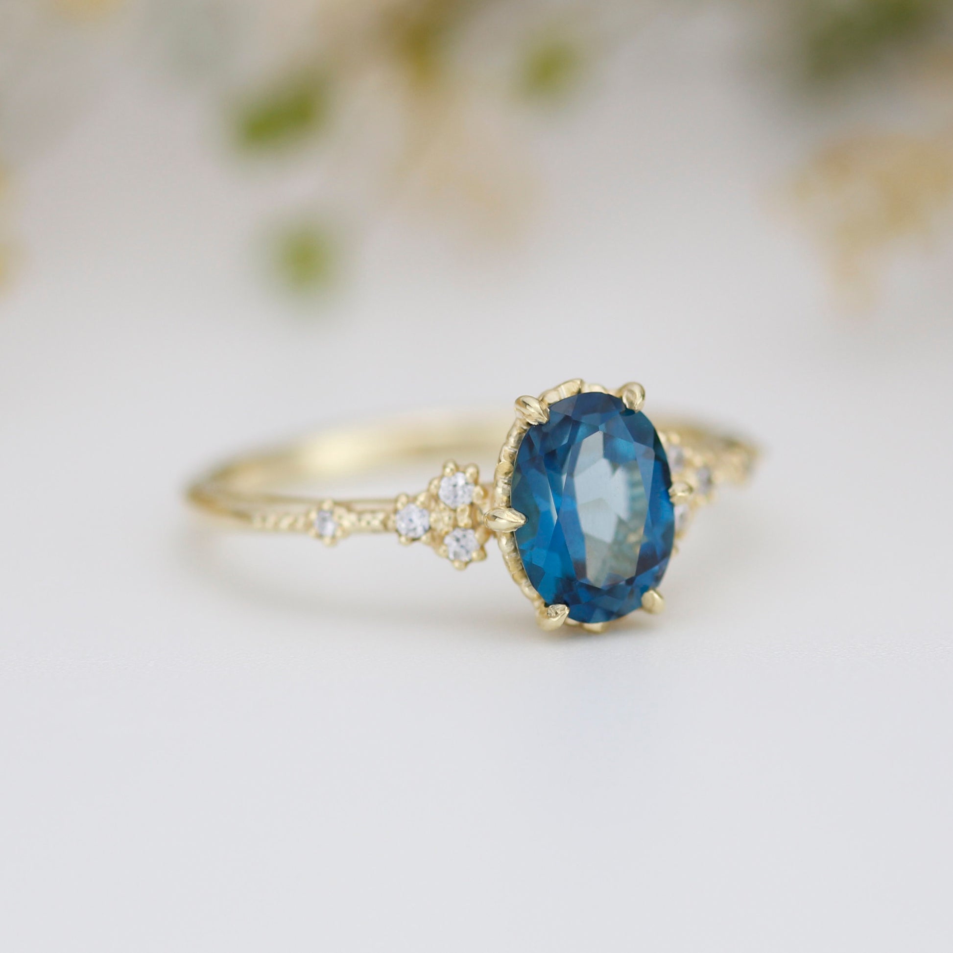 Oval engagement ring, delicate London Blue topaz and diamond ring | R 349LBT